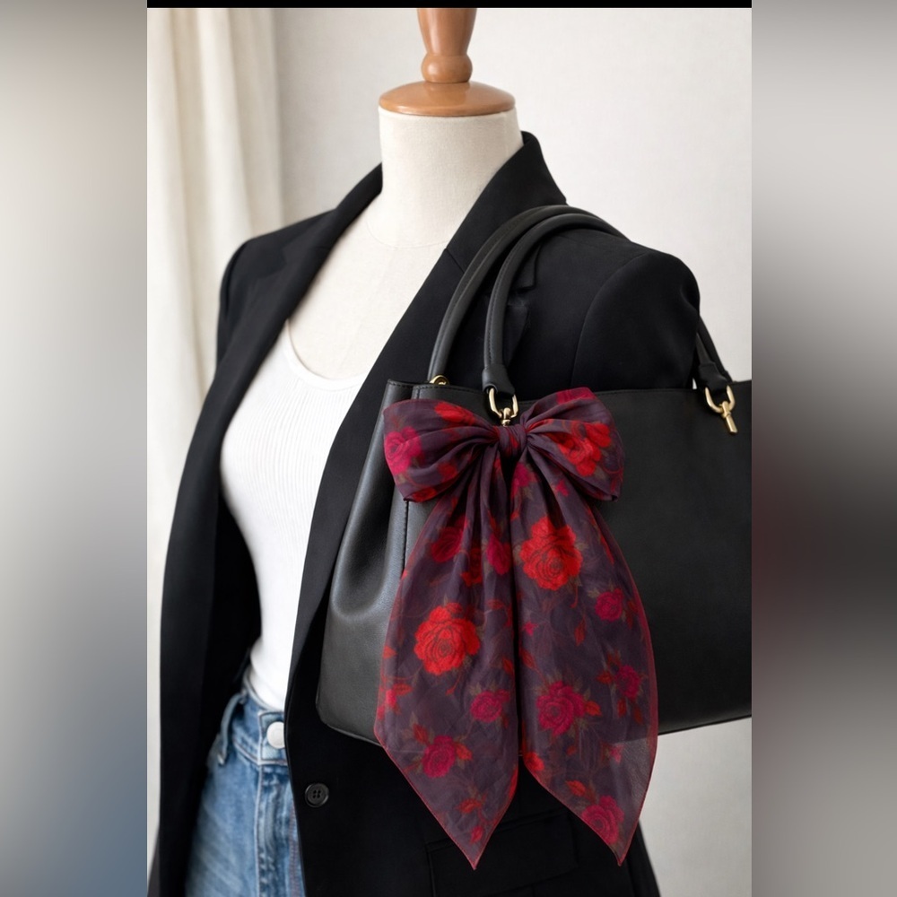 Floral Sheer Scarf with Red and Pink Roses